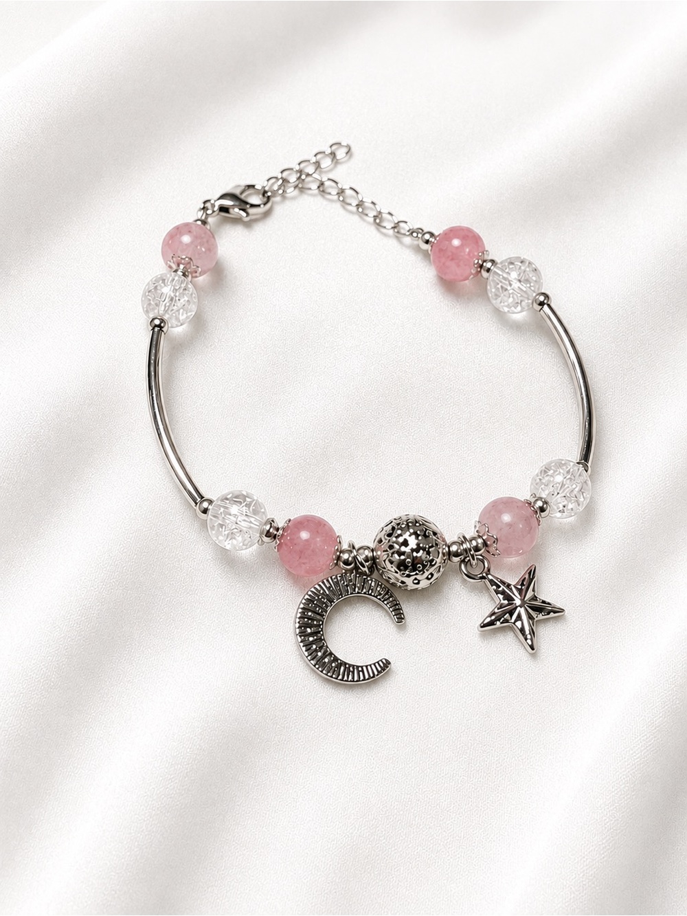 Pink & Clear Beaded Moon Star Bracelet – Silver Tone Celestial Charm Bracelet